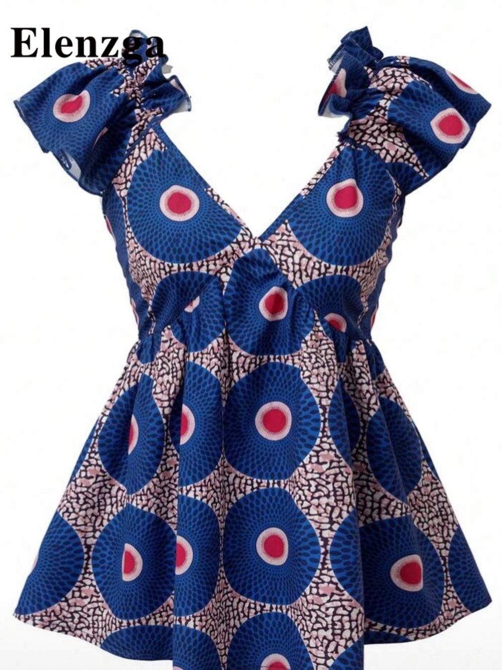 Deep V-Neck Blue Printed Ruffle Sleeve Tunic